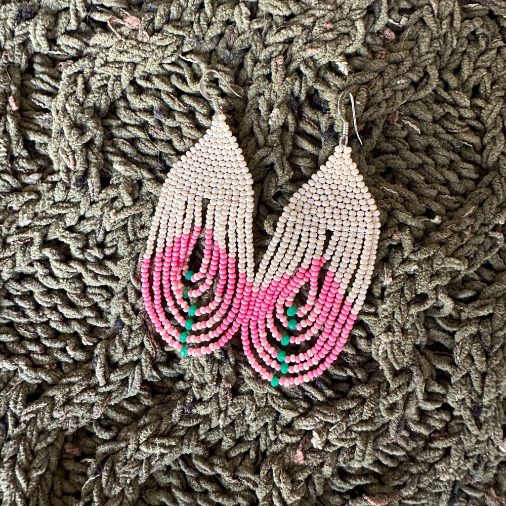 Boho Beaded Earrings pink, white and green